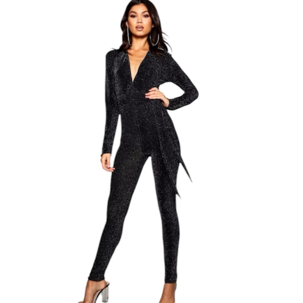 Young Blood Black Shimmery Stretch Tie Waist Jumpsuit Size‎ 12 NWOT